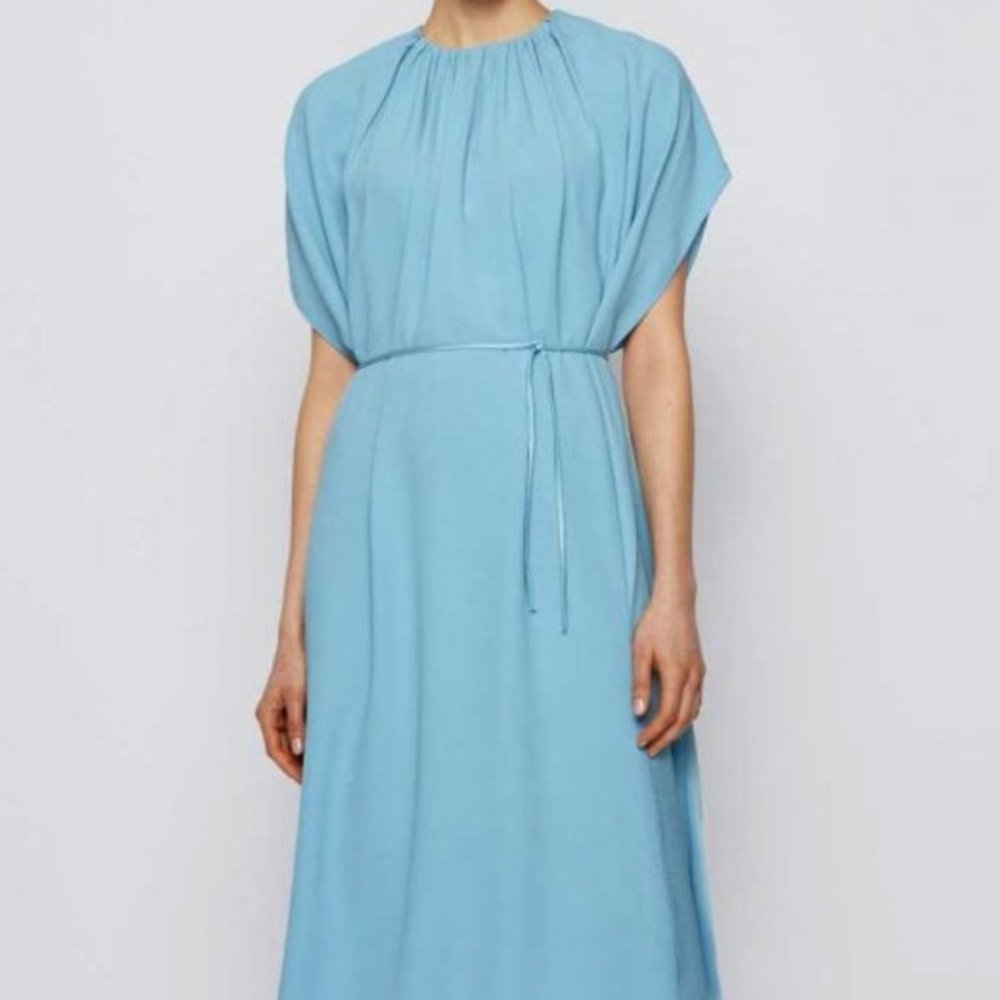 Hugo Boss Dibanty Belted Drape Midi Dress in Pastel Blue, Size 14, NWT